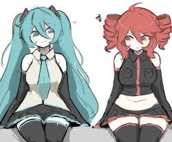 2girls absurd_res absurd_resolution absurdres angry annoyed annoyed_expression armwear bare_midriff bare_shoulders big_breasts black_armwear black_skirt blue_eyes blue_hair blush blush_lines blush_stickers breasts busty chubby chubby_female drill_hair exposed_midriff fatass_teto_plush female female_focus female_only hatsune_miku heart hearts_around_head hi_res high_resolution highres kasane_teto large_breasts light-skinned_female light_skin melink_(artist) midriff navel pout pouting red_eyes red_hair simple_background skirt slightly_chubby slightly_chubby_female thick_thighs thighs tummy utau vocaloid white_background