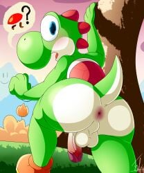 anthro anus ass balls big_butt blue_eyes blush clothing digital_media_(artwork) footwear genitals green_body green_yoshi hi_res huge_butt humanoid_genitalia humanoid_penis lechugansfw looking_at_viewer looking_back looking_back_at_viewer male mario_bros multicolored_body nintendo nude penis rear_view shell shoes solo speech_bubble two_tone_body white_body yoshi