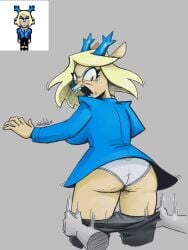 angry anthro big_breasts black_pants blonde_hair blue_antlers blue_jacket blue_lipstick blue_nose carol_holiday clothing deer deltarune deltarune_chapter_4 digital_drawing_(artwork) digital_media_(artwork) grey_background looking_back mad milf new_world_deer panties pants_down pants_pull pants_pulled_down pantsing pixel_art tagme undertale undertale_(series) white_lie whitelie
