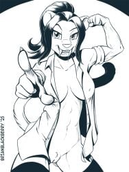 3:4 anthro bengal_tiger breasts brian_mcpherson claws cleavage clothed clothing fangs felid female flexing flexing_bicep genitals hair hybrid juliette_moreno legwear looking_at_viewer mammal open_clothing open_shirt open_topwear pantherine ponytail prehistoric_species pussy saber-toothed_tiger sharp_teeth shirt solo teeth thigh_highs tiger topwear vulva