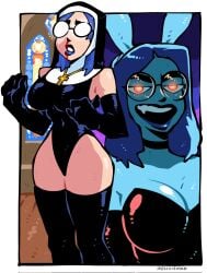 big_breasts big_breasts big_butt big_thighs big_titties blue_hair bunny_ears bunny_girl crisiyotron curvaceous curvaceous_female curvaceous_figure curvy curvy_figure curvy_hips elcrisiyoo female female_focus female_only glasses nun nun_outfit short_hair thigh_highs youtube_hispanic youtuber
