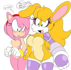 2girls amputee amy_rose anthro archie_comics big_breasts bunnie_rabbot casual cyberlimb cybernetics dialogue featureless_breasts featureless_crotch female handwear lagomorph mostly_nude multiple_girls sonic_(series) sonic_team triple_amputee