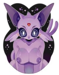 2025 anthro anthrofied black_background black_nose border cheek_tuft eeveelution espeon facial_tuft female forked_tail fur generation_2_pokemon heart hi_res leaning leaning_forward looking_at_viewer nintendo nipples pokemon pokemon_(species) purple_body purple_fur purple_inner_ear purple_nipples purple_sclera simple_background solo spiral_eyes tail tuft unusual_anatomy unusual_tail vainillaqd white_border white_eyes wide_hips