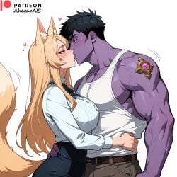 1boy 1boy1girl 1girls 2d 2d_(artwork) 2d_artwork ahegao_ai ahri ahri_(league_of_legends) ai_generated clothed clothed_female clothed_male clothing female kissing league_of_legends league_of_legends:_wild_rift mundo_(league_of_legends) patreon patreon_link patreon_logo patreon_url patreon_username side_view watermark