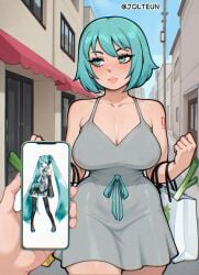 artist_name big_breasts blue_hair dress hatsune_miku jolteun milf outdoors phone short_hair wide_hips