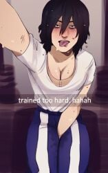 aizawa_shouta binder_(clothing) boku_no_hero_academia cleavage cuntboy english_text exhausted flirty_text loggyburger my_hero_academia sexting shouta_aizawa sweat sweatpants sweaty sweaty_thighs text tired tongue_out workout