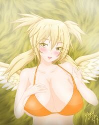 1girls aged_up angel angel_wings anime_gacha! big_breasts bikini blonde_hair blush breasts dj_eve female gacha_resort gacha_world huge_breasts light-skinned_female light_skin lunime solo wings yellow_eyes yogaim73