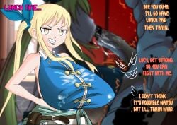 big_breasts blowjob eating_cum fairy_tail fellatio huge_breasts lucy_heartfilia milk netorare nipples_bulge saliva semen semen_in_mouth semen_on_breasts semen_on_chest semen_trail smile smile_at_viewer surprise_party taurus_(fairy_tail) tongue tongue_out
