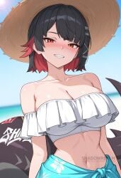 ai_generated bare_shoulders beach bikini black_hair blush breasts cleavage collarbone colored_inner_hair day ellen_joe female grin hair_ornament hat large_breasts looking_at_viewer multicolored_hair navel off-shoulder_bikini off_shoulder outdoors red_eyes red_hair shadowrealmarts sharp_teeth short_hair sky smile solo stomach swimsuit tail teeth two-tone_hair uncensored upper_body virtual_youtuber white_bikini zenless_zone_zero