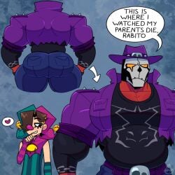 2boys ass ass_focus bara belly big_ass big_thighs brown_hair chubby chubby_male clothed clothed_male clothing english_commentary english_text gay hair hat heart heart_symbol homosexual homosexual_male jacket jester looking_at_another looking_at_ass muscular muscular_male oc original original_character pants pecs purple_clothing red_body shirt skull_head smile text thick_thighs tight_clothing tight_pants