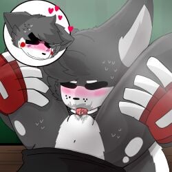 blush cunnilingus duo fingerless_gloves gripping_thighs heart oc piggy_(game) pussy_juice sweat willow_(piggy) woflgame wolf
