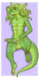 2019 anthro balls claws erection geier green_skin humanoid lizard looking_at_viewer lying male male_only nude penis reptile scales scalie scalie_male simple_background smile solo teeth tentacle tentacle_hair thick_thighs toe_claws