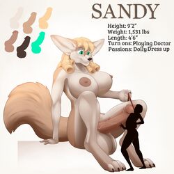 2018 4_toes 5_fingers anthro areola ass balls big_breasts breasts canid canine dickgirl duo english_text erection fasttrack37d fennec fox furry hair hi_res huge_breasts humanoid_penis intersex leash macro mammal model_sheet nipples nude penis sandy_(draco32588) simple_background size_difference teeth text toes vein