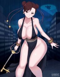 brown_eyes brown_hair china_dress chinese_clothes chun-li chun-li_(battle_ouffit_sfiv) city city_background kainkout large_breasts night oppai street_fighter street_fighter_iv