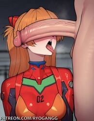 1female 1girls 2d 2d_(artwork) ai_generated asuka_langley_sohryu bodysuit cock_on_face cock_on_head dick_on_face dick_on_head neon_genesis_evangelion orange_hair patreon patreon_username red_bodysuit ryogangg tight_clothing tight_fit tongue tongue_out worship worshiping