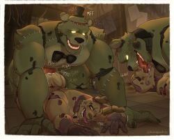 animatronic anthro bear big_penis bodily_fluids bow_tie clothing cum cum_in_ass cum_inside cumshot duo ejaculation five_nights_at_freddy's five_nights_at_freddy's_3 freddy_(fnaf) french_kissing genital_fluids genitals green_body hat headgear headwear hi_res huge_cock kissing krampusivyy lagomorph leporid machine male male/male male_penetrated male_penetrating male_penetrating_male mammal penetration penis rabbit robot scottgames sex short_tail springtrap_(fnaf) surgical_suture tail thick_penis tongue tongue_out top_hat yellow_eyes