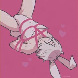 alternate_costume arms_behind_back bondage bulge bunny_ears bunny_tail bunnysuit crossdressing half-closed_eyes leotard looking_at_viewer male male_only male_playboy_bunny on_back pale-skinned_male pale_skin pink_background pink_leotard pink_theme restrained rope rope_bondage solo tbsktbwa white_hair