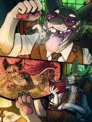 3:4 acid_burns acidic anthro black_body black_fur bodily_fluids book clothed clothing cutaway duo eyewear fatal_vore fur glasses green_eyes grin hi_res imminent_death inside inside_stomach lagomorph leporid male mammal narrowed_eyes nude open_mouth oral_vore rabbit reading reading_book rodent saliva saliva_string sitting smile stomach_acid tinted_glasses vore white_body white_fur wounded yellow_body yellow_fur