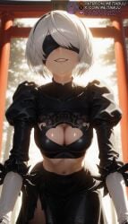 1girls 2b_(nier:automata) ai_generated backlighting black_blindfold black_hairband black_skirt blindfold breasts breath cleavage cleavage_cutout clothing_cutout covered_eyes crop_top facing_viewer feather-trimmed_sleeves feather_trim female gloves grin hairband heavy_breathing juliet_sleeves large_breasts long_sleeves medium_breasts meitabuu midriff mole mole_under_mouth navel nier nier:_automata nier_(series) outdoors puffy_sleeves short_hair skirt smile solo sweat teeth thighhighs torii turtleneck white_hair yorha_2b