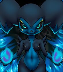 2019 abs alternate_color anthro black_sclera blue_eyes breasts claws digimon digimon_(species) dipstick_ears fangs female fire flat_chested fur furball gloves_(marking) hybrid impmon looking_at_viewer magic markings multicolored_ears multicolored_fur navel nipples nude original_character pussy renamon renimpmon shortstack small_breasts smile solo two_tone_fur vulimpmon vulpamon wide_hips