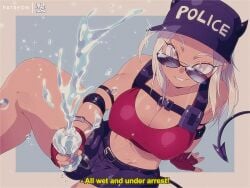 4:3 abs bluethebone bottle breasts camel_toe cleavage clothed clothing container demon demon_humanoid eyewear female hair hat headgear headwear helltaker hi_res horn horned_humanoid humanoid justice_(helltaker) muscular muscular_female not_furry solo spade_tail sunglasses tail water water_bottle white_hair