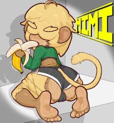 1girl 1girls anthro ass banana blush calamity33 cameltoe feet female fishnet_legwear fishnets furry gym_shorts hair_covering_eye hair_covering_eyes huge_ass innuendo kneeling legwear licking looking_at_viewer looking_back looking_back_at_viewer mimi monkey monkey_girl shorts sitting sweater tail thicc_thighs thick_thighs yellow_fur
