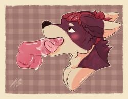 anthro balls blowjob_face bodily_fluids canid canine canis crimm crimm_(crimm) duo erection fellatio genital_fluids genitals hair hi_res male male/male mammal oral penile penis sex simple_background smile solo tongue wolf