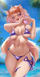 :d ahoge animal_ear_fluff animal_ears artist_name bangs bare_arms bare_shoulders beach bikini blue_sky blurry blurry_background blurry_foreground blush breasts brown_hair cleavage cloud collarbone cowboy_shot day depth_of_field eyebrows_visible_through_hair female groin hair_between_eyes hair_ornament hairclip half-closed_eyes heart heart-shaped_pupils heart_hands highleg_bikini large_breasts looking_at_viewer medium_breasts medium_hair navel ocean oerba_yun_fang open_mouth outdoors purple_eyes short_hair side-tie_bikini signature skindentation sky smile solo squchan_(vtuber) standing stomach string_bikini striped striped_bikini sunlight swimsuit symbol-shaped_pupils tail tanline thighs tree vyugen water