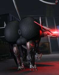 3d_(artwork) anthro anus ass backsack balls big_balls big_butt blade_wolf canid canine canis crate digital_media_(artwork) genitals glowing glowing_eyes hi_res huge_butt inside konami looking_back machine male mammal metal_gear puffy_anus red_eyes robot solo tail willie_piv wolf