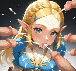 ai ai_generated anime anime_girl anime_style braids bukkake cum ejaculation elf elf_ears elf_girl fellatio_gesture female gangbang multiple_penises princess_zelda semen semen_in_mouth semen_on_body zelda_(breath_of_the_wild)