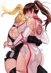 2girls absurdres artist_request ass bearhug blonde_hair blush breast_smother breasts brown_hair catfight choker cleavage cleavage_overflow cling clothed dead_or_alive female female_only head_in_cleavage highres hug human human_only kasumi_(doa) kunoichi large_breasts long_hair motorboating multiple_females multiple_girls ninja_gaiden ponytail rachel_(ninja_gaiden) revealing_clothes simple_background source_request tecmo thick_thighs white_background wide_hips yuri