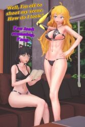 2girls abs arrancon bikini bikini_bottom bikini_top black_hair black_hair_female blake_belladonna blonde_female blonde_hair canon_couple cat_ears dialogue faunus half-dressed half_naked long_hair long_hair_female purple_eyes robotic_arm rwby yang_xiao_long yellow_eyes