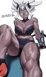1girls abs belly belly_button big_breasts breasts clothed clothed_female clothing dialogue exercise exercise_clothing exercise_mat female female_only helltaker horns judgement_(helltaker) long_hair muscular muscular_arms muscular_female muscular_legs muscular_thighs solo solo_female sotcho sweat sweatdrop sweating text thick_thighs thighs white_eyes white_hair