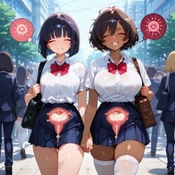 2girls after_sex ai_generated blue_hair brown_hair city cross_section crowd cum_in_uterus cum_inside cum_on_chin cum_on_clothes fallopian_tubes female fertilization happy heart_ovum holding_hands impregnation large_breasts leaking_cum love_juices outside public school_uniform schoolgirl sensing_fertilization smiling sperm_meets_ovum thought_bubble trees uterus vagina walking x-ray