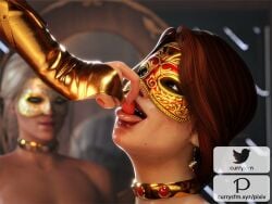 3d 3girls anna_henrietta being_watched breasts cerys_an_craite ciri currysfm female female_only masked masked_female red_hair strawberry the_witcher_(series) the_witcher_3:_wild_hunt white_hair white_hair_female