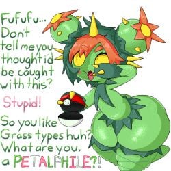1girls ass blush calamity33 female fishnet_legwear fishnets generation_5_pokemon holding_object insult insulting_viewer legwear looking_at_viewer maractus mesugaki nintendo pokeball pokemon pokemon_(species) smile smiling text thicc_thighs thick_thighs