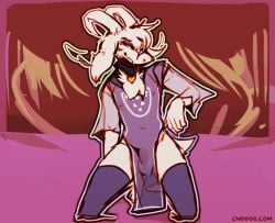 2025 anthro asriel_dreemurr balls biped boss_monster_(undertale) bovid caprine clothing digital_media_(artwork) fur genitals goat hair horn jewelry kneeling lawyerdog legwear male male_anthro mammal necklace solo thigh_highs translucent translucent_clothing undertale undertale_(series) white_body white_fur white_hair