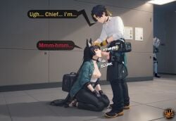 ai_generated asaba_harumasa being_watched black_hair blowjob blue_skin closed_eyes dialogue dialogue_bubble elledoesai exposed_breasts exposed_penis fox_ears headband hoshimi_miyabi imminent_ejaculation kneeling_blowjob oni_horns partially_clothed red_eyes soukaku_(zenless_zone_zero) white_hair zenless_zone_zero