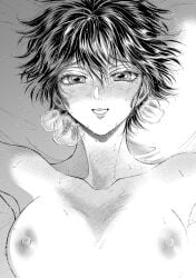 1girls areolae bare_arms bare_shoulders big_breasts black_hair breasts cleavage collarbone female gloves highres kowloon_generic_romance kujirai_reiko large_breasts looking_at_viewer manga manga_page manga_panel mole_under_eye nipples no_teeth nude nude_female open_mouth sitting spread_legs