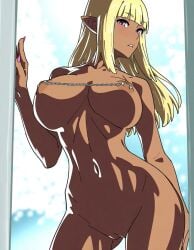 ai_generated blonde_hair completely_nude dark_skin elf_ears female ghost_nipples hand_on_wall hime_cut large_breasts long_hair looking_at_viewer navel nipple_chain nipple_piercing pink_eyes posing pussy solo zorkpics