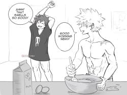 abs bakugou_katsuki bite_mark boku_no_hero_academia bones_(company) cooking egg freckles husband_and_husband izuku_midoriya joely_deku katsuki_bakugou legs messy_hair midoriya_izuku milk_carton my_hero_academia no_pants no_shirt pectorals scar shirt shounen_jump smile spiked_hair stretching yaoi