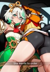 2girls ai_generated ass ass_focus blush brown_hair car_interior cecilia_immergreen female gigi_murin green_dress green_eyes hololive hololive_english selfie she_wants_to_order shorts sweat thighs virtual_youtuber white_dress white_hair