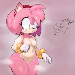 amy_rose barbie_doll_anatomy belly chubby chubby_female colono featureless_breasts female female_focus green_eyes hairband no_genitals no_nipples pink_body pink_fur pink_hair red_hairband sad sonic_(series) sonic_the_hedgehog_(series) steaming_body unhappy_female wide_hips