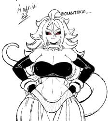 android android_21 artist_name big_breasts black_and_white black_bra breasts curvy curvy_figure demon_ears devil_may_kai dragon_ball dragon_ball_fighterz dragon_ball_super dragon_ball_z gold_earrings gold_jewelry huge_breasts latex latex_gloves long_ears majin majin_android_21 red_eyes sketch smile smiling smiling_at_viewer soft_breasts tail wide_hips