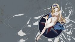 1girls arm_support barefoot big_breasts blonde_hair blue_eyes breasts busty cecilia_alcott drill_hair feet female female_only highres infinite_stratos large_breasts legs long_hair looking_at_viewer navel nipples nude official_style pose posing pussy smile solo thighs voluptuous
