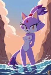 1girls 2d 2d_(artwork) ai_assisted ai_generated anthro anthro_female areola areolae artist_logo artist_name artist_signature artist_upload bathing blaze_the_cat booty breasts breasts_out feline female gem gem_on_forehead in_water leaning leaning_on_object leaning_on_rock looking_at_viewer mobian mobian_(species) mobian_cat mountain neutral_expression nipple nipples ponytail purple_fur sega self_upload sideboob sinandsketch sky sonic_(series) sonic_rush sonic_the_hedgehog_(series) tail tail_tuft thick tied_hair vagina water wet yellow_eyes