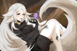 animal_ears artist_name black_bodysuit blush breasts collar dya_rikku_(vtuber) female fox_ears fox_tail grey_eyes large_breasts long_hair looking_at_viewer lying on_back on_side silver_eyes snout solo tail very_long_hair vyugen white_hair
