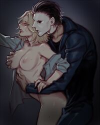 1boy 1girls artist_name artist_request blonde_hair blue_eyes blush breast_grab breasts clothed_male clothed_male_nude_female dbd dead_by_daylight duo female halloween_(series) laurie_strode male maledom michael_myers nude nude_female straight undressing