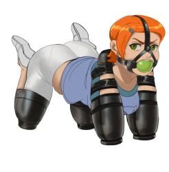 all_fours angry_face armbinder artist_request ass ben_10 blank_background breasts cartoon_network forced gagged ginger green_eyes gwen_tennyson harness_ball_gag helpless kidnapped legbinder petite petite_female petplay restrained short_hair tagme teenage_girl teenager tight_clothing white_background