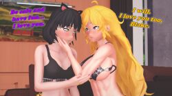 2girls arrancon black_hair black_hair_female blake_belladonna blonde_female blonde_hair canon_couple cat_ears dialogue faunus half-dressed half_naked half_naked_female purple_eyes rwby yang_xiao_long yellow_eyes